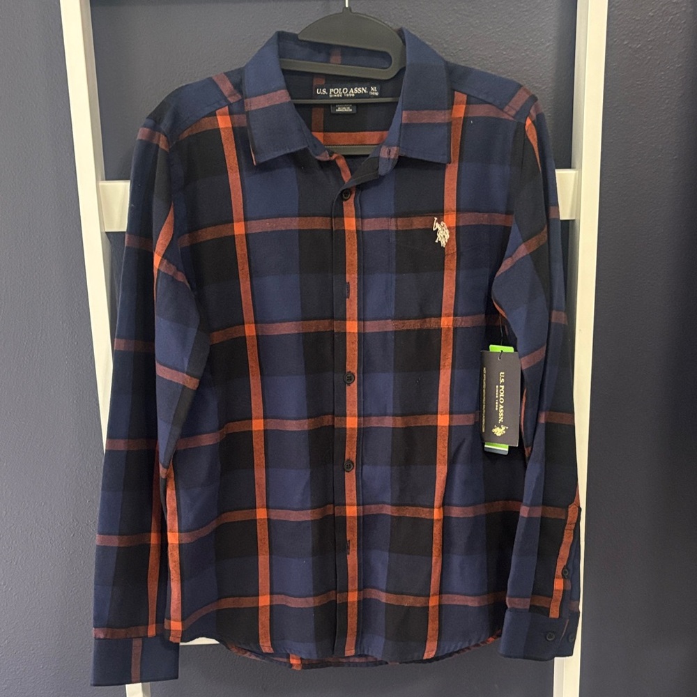 U.S. Polo Assn. Boy Navy and Orange Checkered Shirt